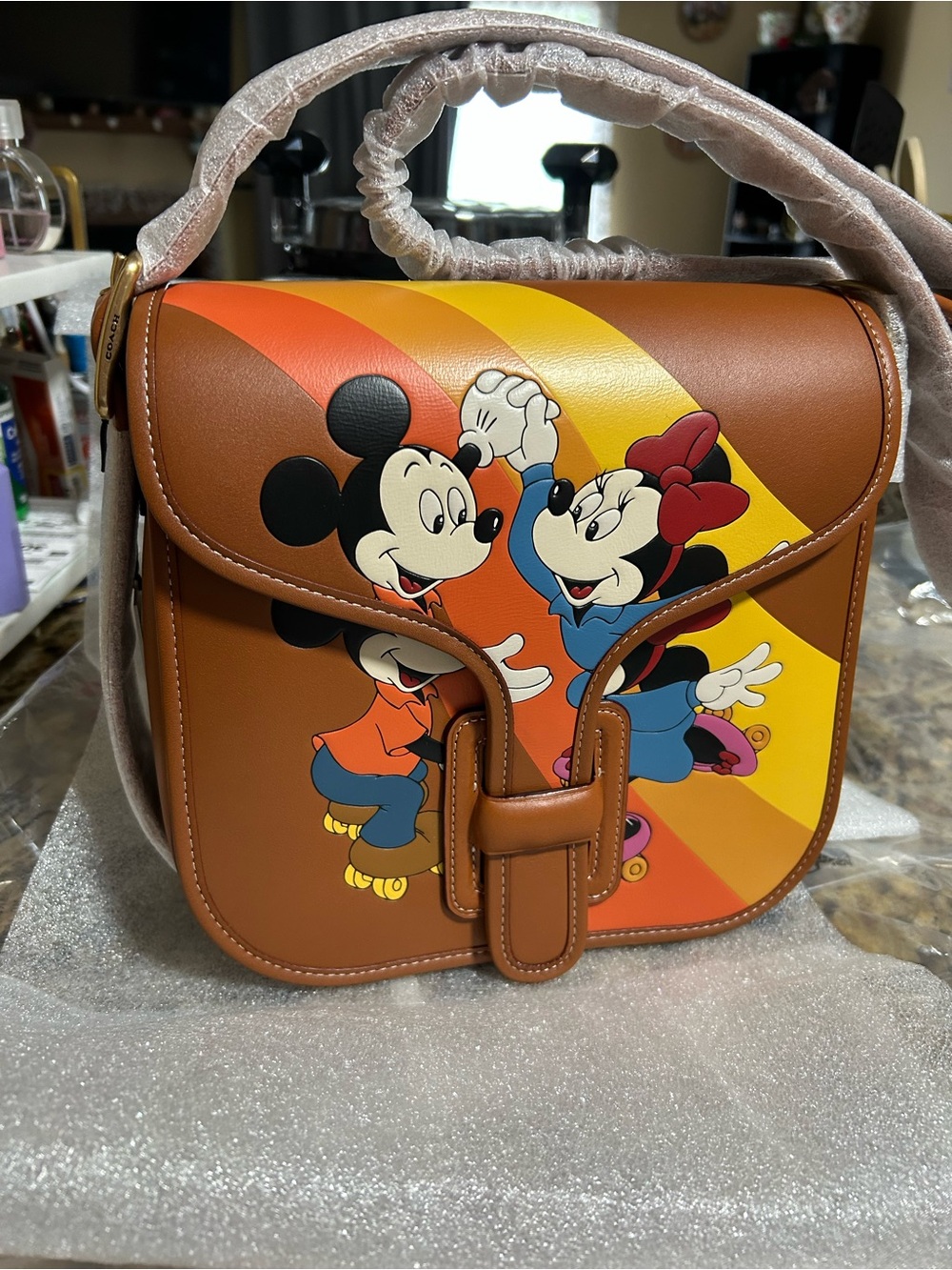 Coach Brown Leather Crossbody with Mickey & Minnie Rainbow Motif - Picture 3 of 12